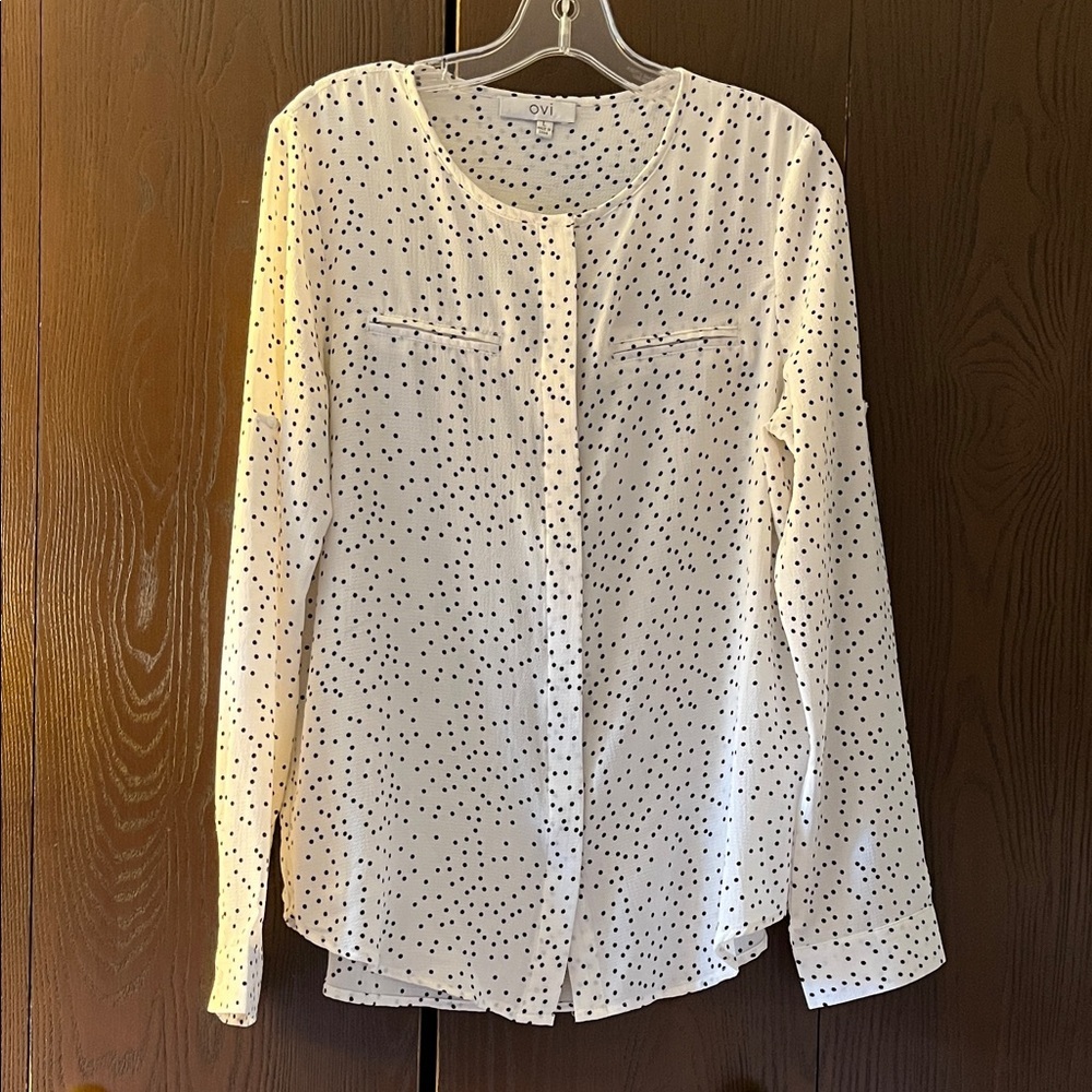 Ovi long sleeved white blouse with black dots. Size Large.